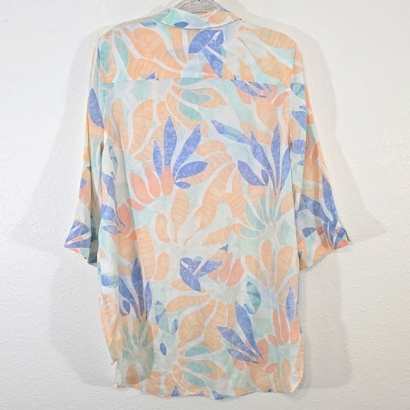 Chico's 100% Linen Leaf Print No Iron Button Up Long Tunic Top, 3 (16/18) - Picture 4 of 5
